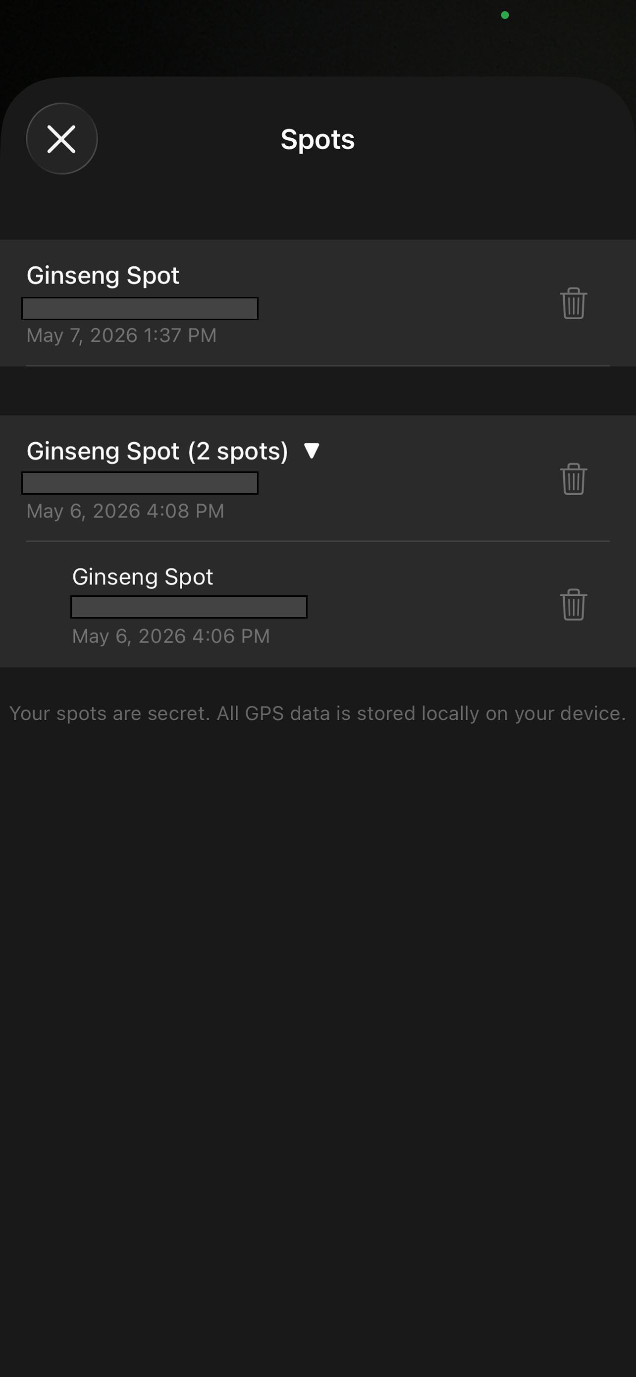 Saved ginseng spots grouped by location