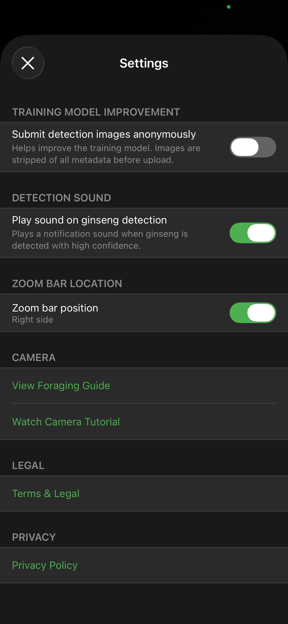 GinsengHunter app settings screen